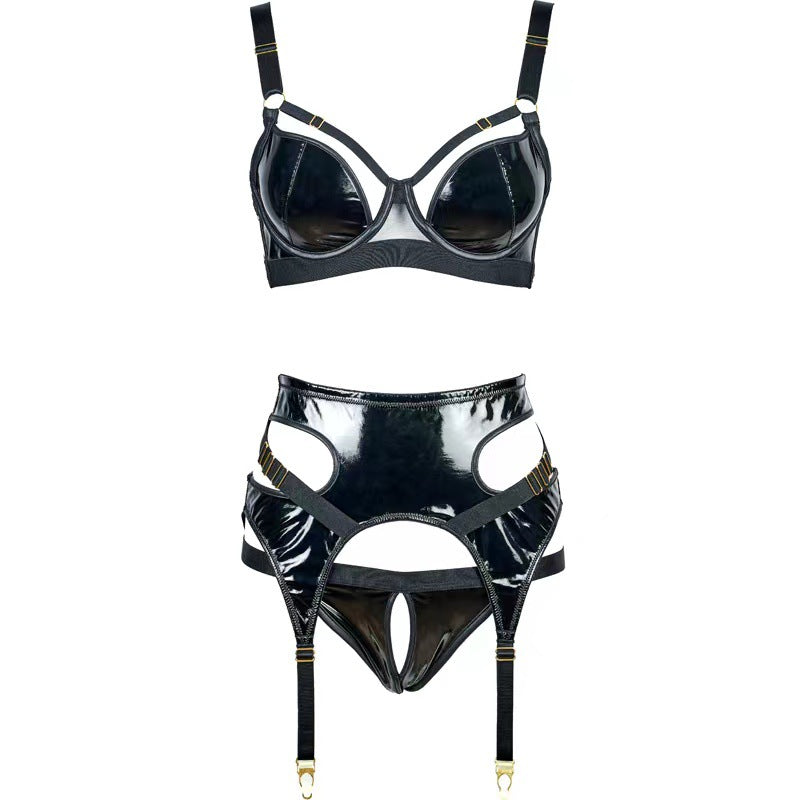 FREEDOMBEAUTY | FQ2812 patent leather series micro-elastic imitation leather steel ring quality export single bra sexy underwear garter combination