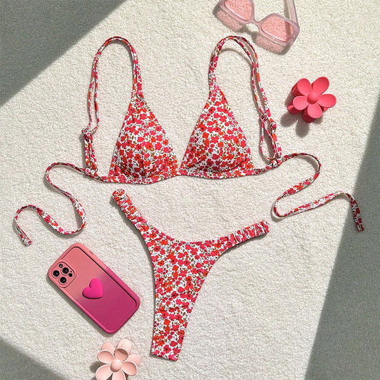 FREEDOMBEAUTY | 2025 new European and American floral lace-up bikini sexy split swimsuit women's beach hot spring swimsuit bikini