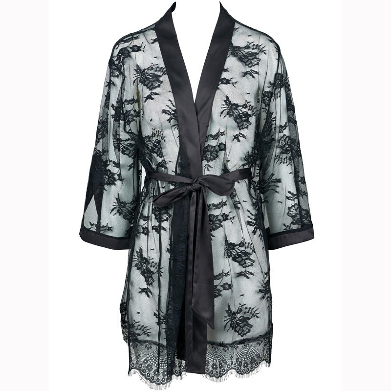 FREEDOMBEAUTY | FQ2834 Nylon lace eyelashes black perspective temptation medium sleeve private nightgown women cross-border European and American black