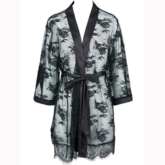 FREEDOMBEAUTY | FQ2834 Nylon lace eyelashes black perspective temptation medium sleeve private nightgown women cross-border European and American black