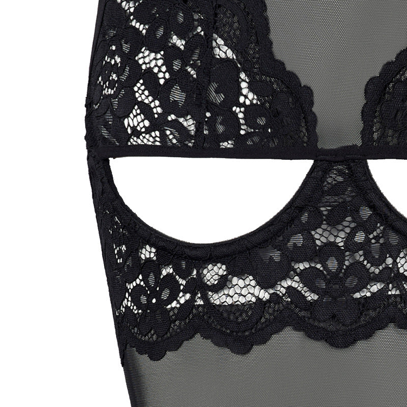 FREEDOMBEAUT | FQ2696 Dew half milk lace see-through mesh yarn with steel ring onesie hollow black seduction lingerie women