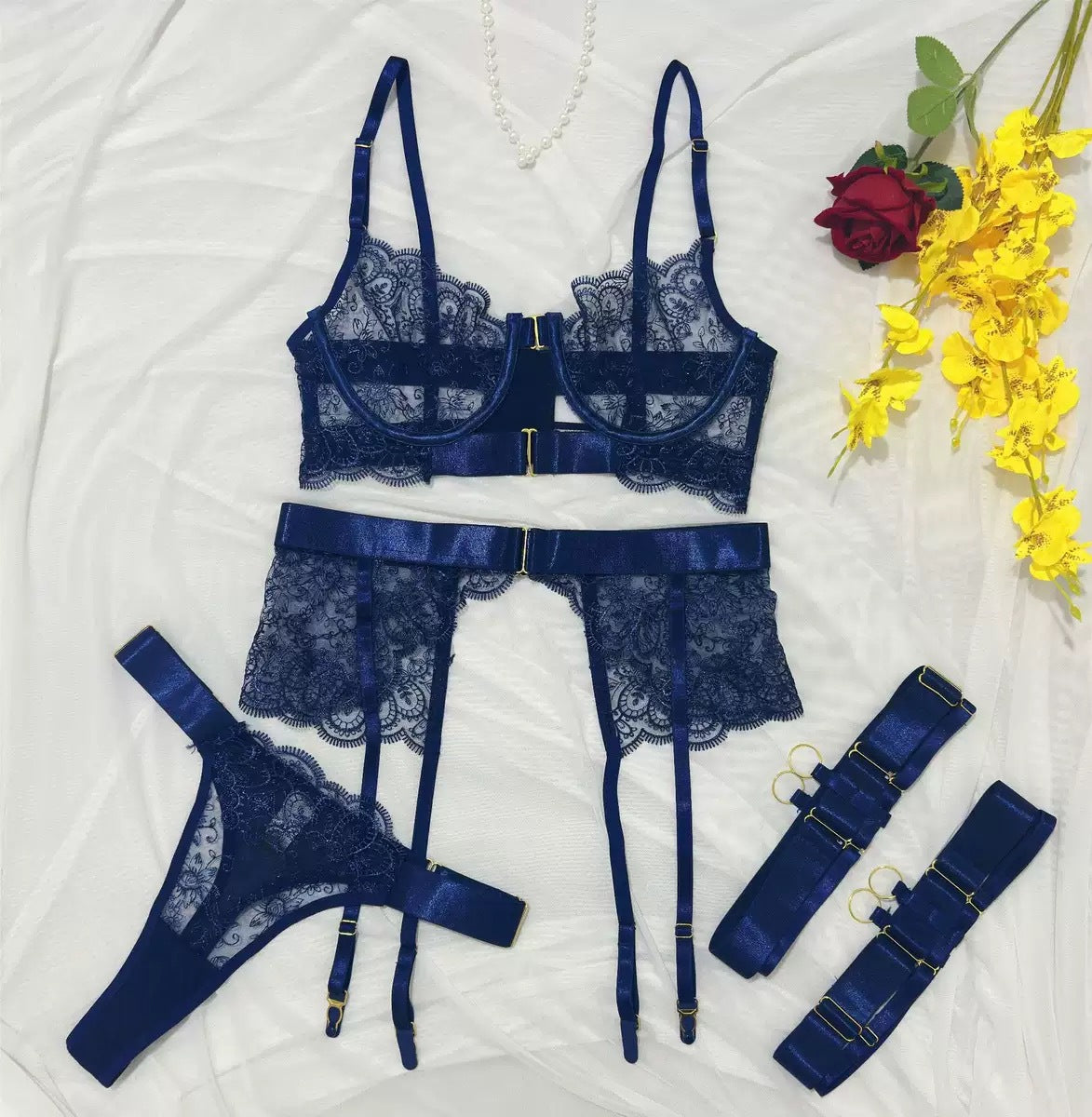 FREEDOMBEAUTY | Embroidery high quality heavy industry sex underwear embroidery eyelash lace perspective sexy three-piece set
