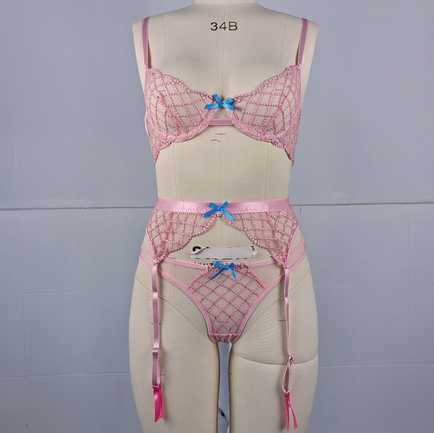 FREEDOMEBEAUTY | European and American cross-border new lake blue suspender embroidered bra steel tray perspective sexy underwear set trendy women's three-piece set