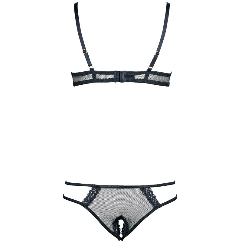 Freedombeauty | FQ2773 Lace Satin Steel Rim Hollow Bra Rhombus Mesh Low Waist Free Panties Sexy Seduction Black Suit