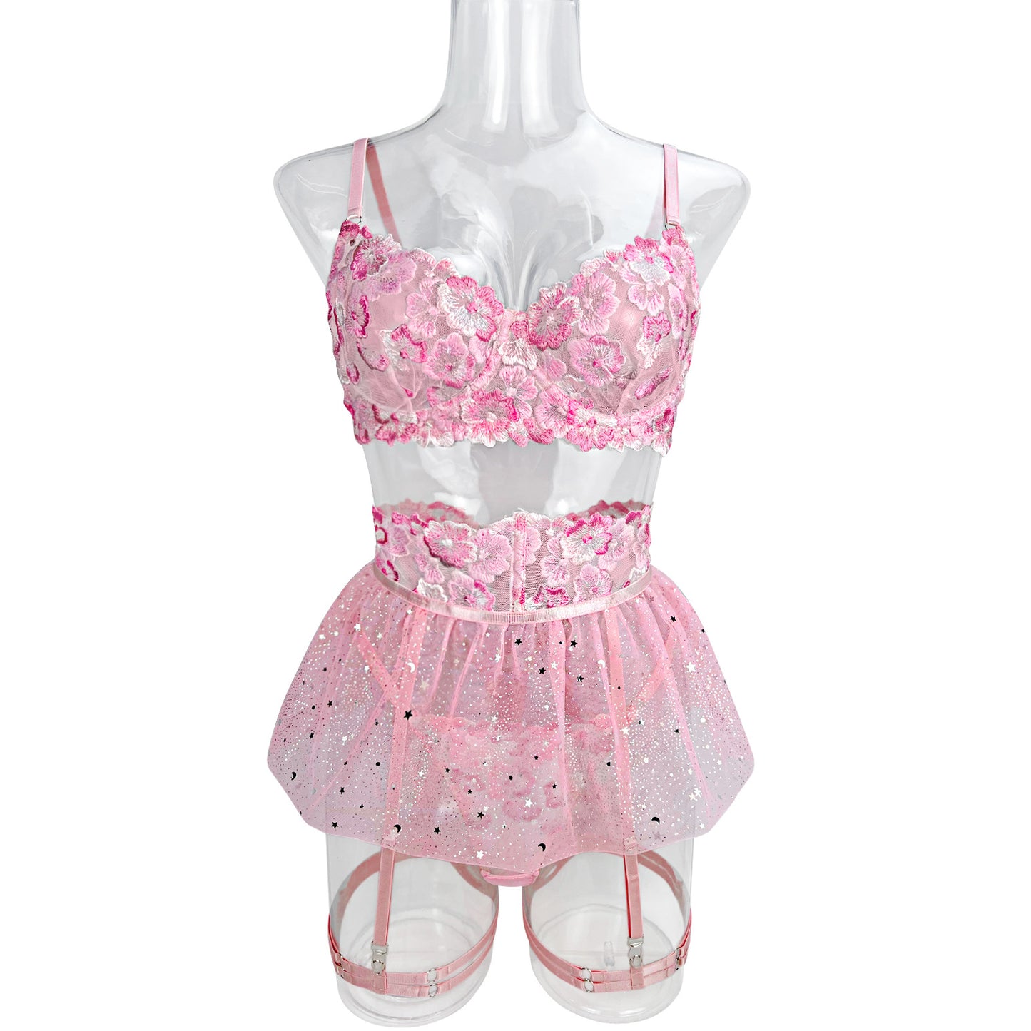 freedombeauty|Fashion Embroidered Mesh Back Sexy Lace Up Suspender Underwear Kit