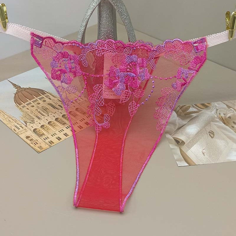 FREEDOMBEAUTY | Hollow lace sexy low waist temptation perspective sex thong transparent red mesh embroidery breathable cross-border