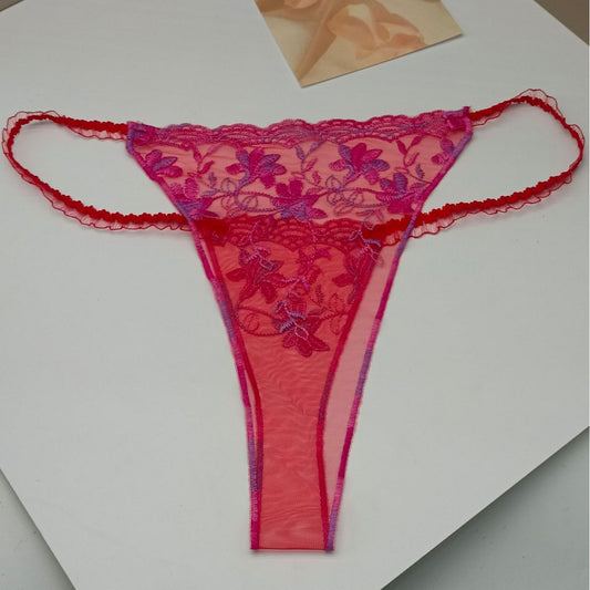 FREEDOMBEAUTY | New pattern embroidery three-color mesh color matching sexy perspective light women's crotchless lace T-pants