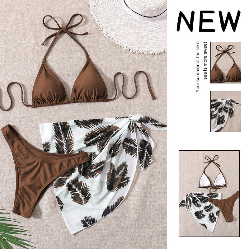 FREEDOMBEAUTY | 2025 new neck strap mesh skirt swimsuit women's, European and American three-piece beach bikini swimsuit