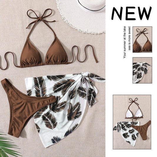 FREEDOMBEAUTY | 2025 new neck strap mesh skirt swimsuit women's, European and American three-piece beach bikini swimsuit