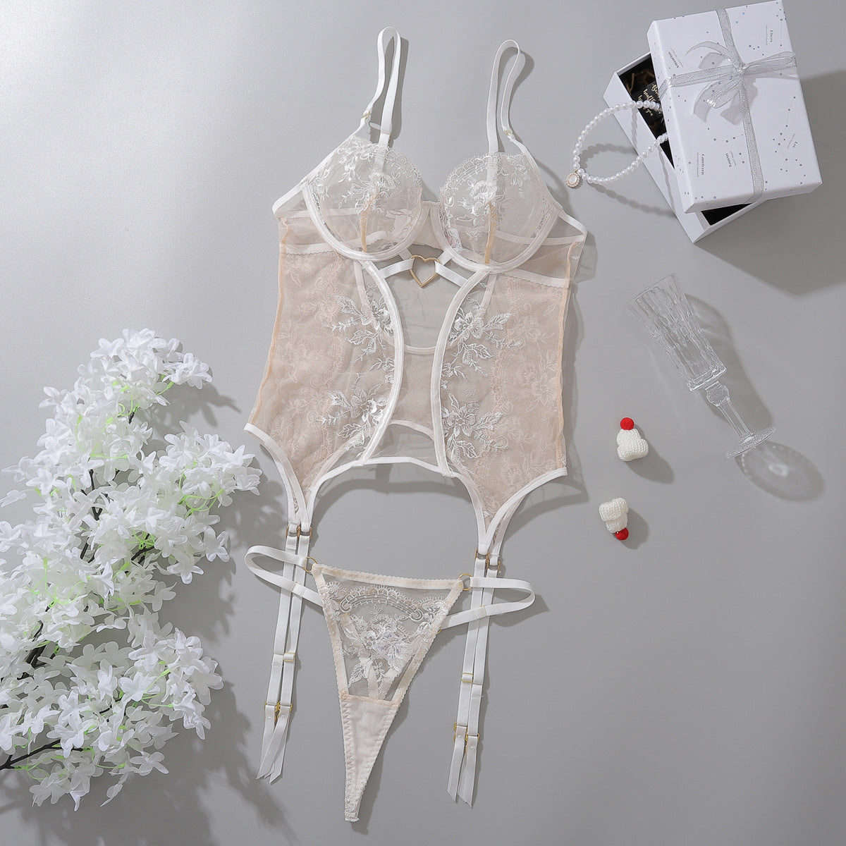 Freedombeauty | Flower Embroidery Bra Set Sexy Mesh Love Decoration Complex Sex Underwear Panties