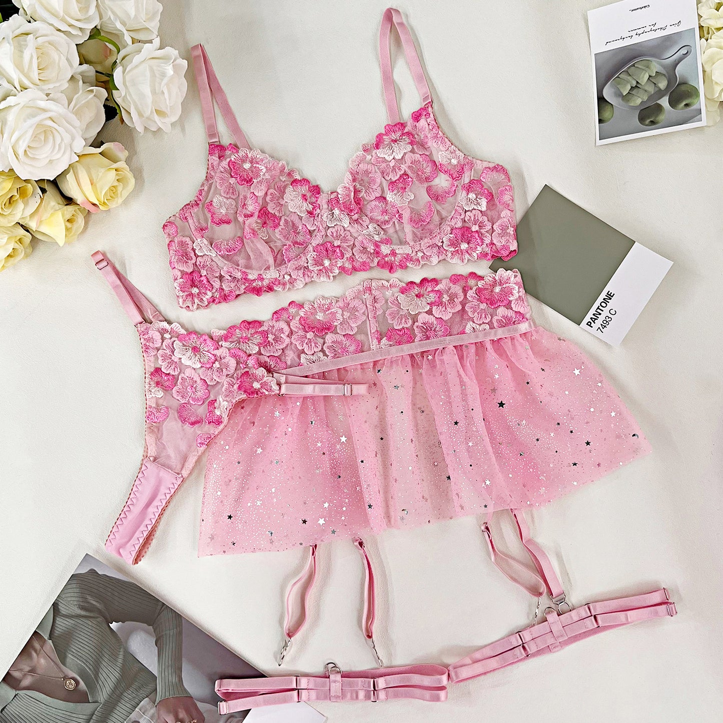 freedombeauty|Fashion Embroidered Mesh Back Sexy Lace Up Suspender Underwear Kit