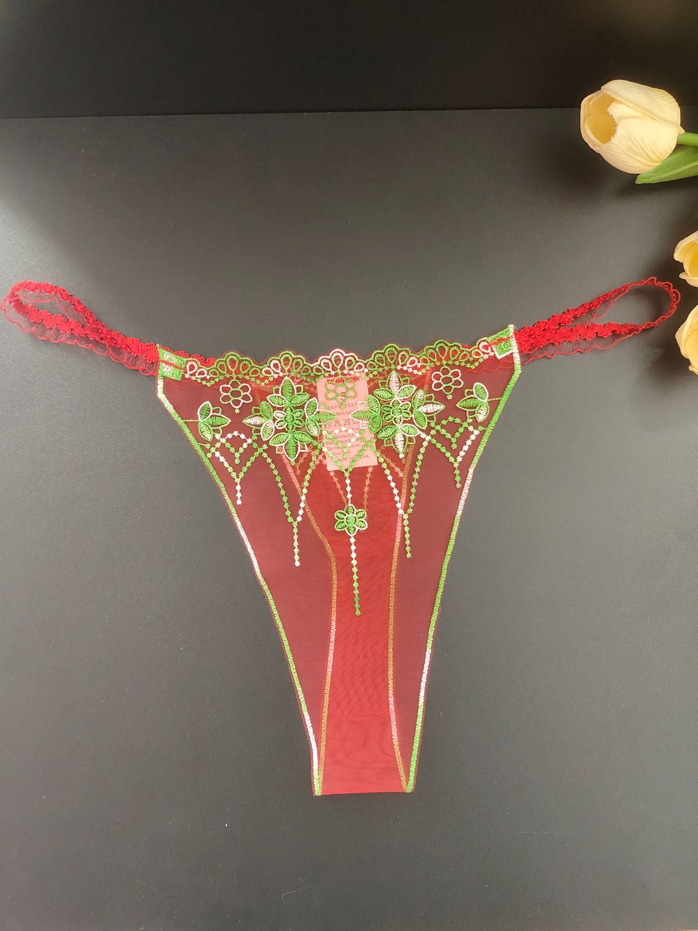 FREEDOMBEAUTY | Sexy transparent red mesh embroidered women's thong three-color matching lace lace crotchless light