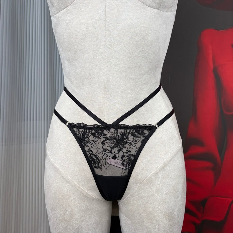 FREEDOMBEAUTY | FQ287234 Embroidery Underwear Set Series Mesh Perspective Sex Underwear Waist Women's Nightdress Cross-border Black