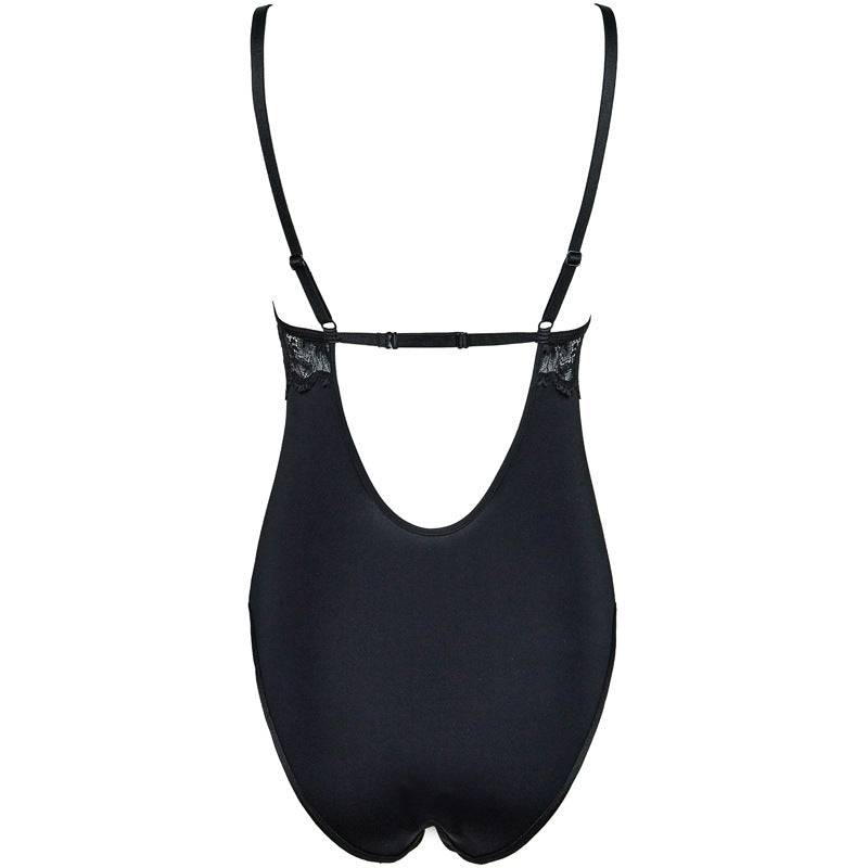 FREEDOMBEAUT | FQ2865 lace stretch cloth cotton crotch primer onesie European and American cross-border V-neck suspender women's black bodysuit