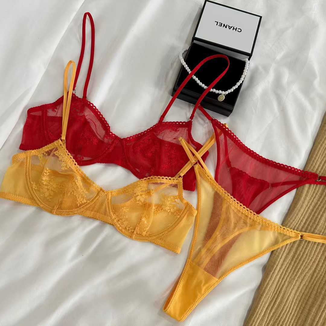 FREEDOMBEAUTY | Foreign trade ultra-thin underwear sexy lace jacquard big chest small bra cross-border trousers bra set Lingerie