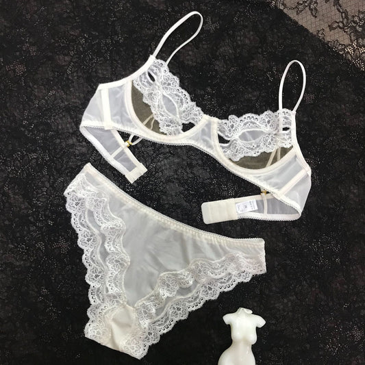 Freedombeauty | FQ2932 Sexy lace hollowed-out steel ring transparent thin underwear beautiful back two wear mesh see-through bra set white