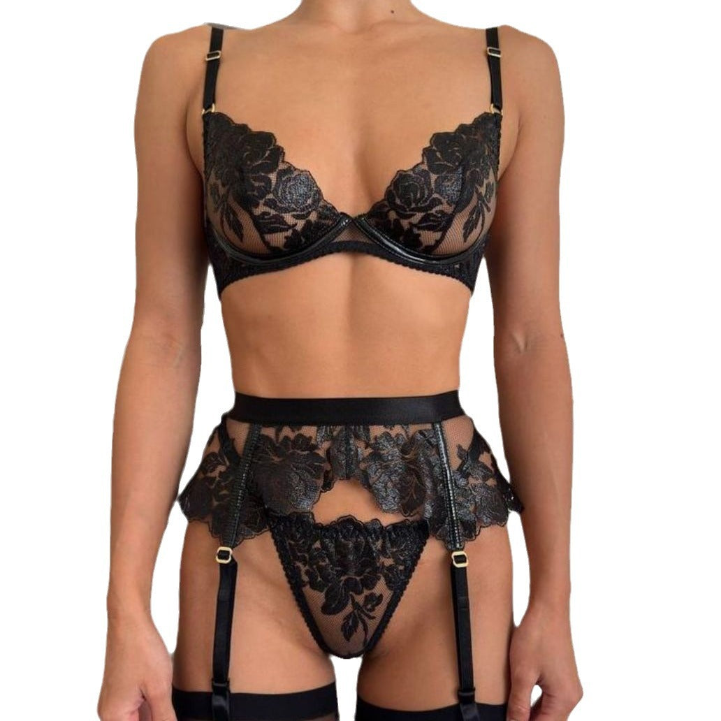 FREEDOMBEAUTY | Black flower embroidery with steel ring bra thong women's sexy underwear three-piece set European and American cross-border new wholesale