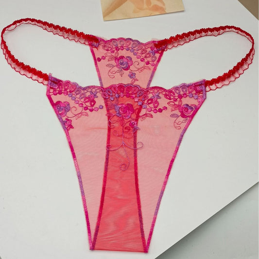 FREEDOMBEAUTY | Three-color mesh women's sexy rose embroidered thong transparent crotchless light t-word pants cross-border