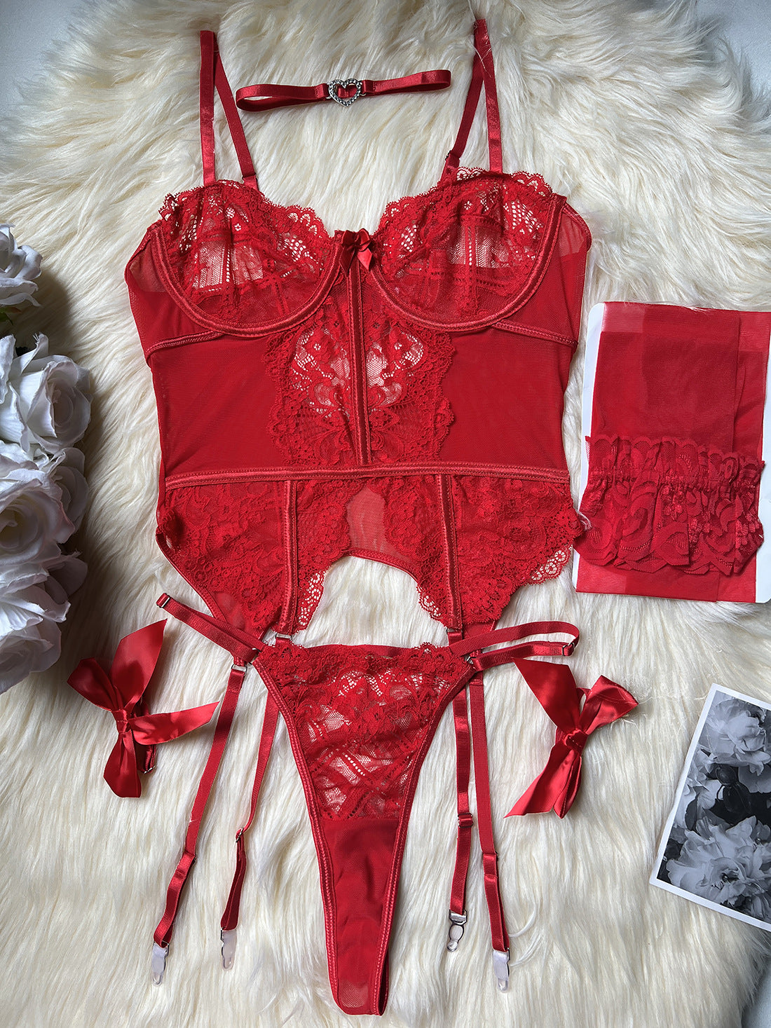 freedombeauty|Popular Lace Set Sexy Ladies Underwear Set 5-piece Set