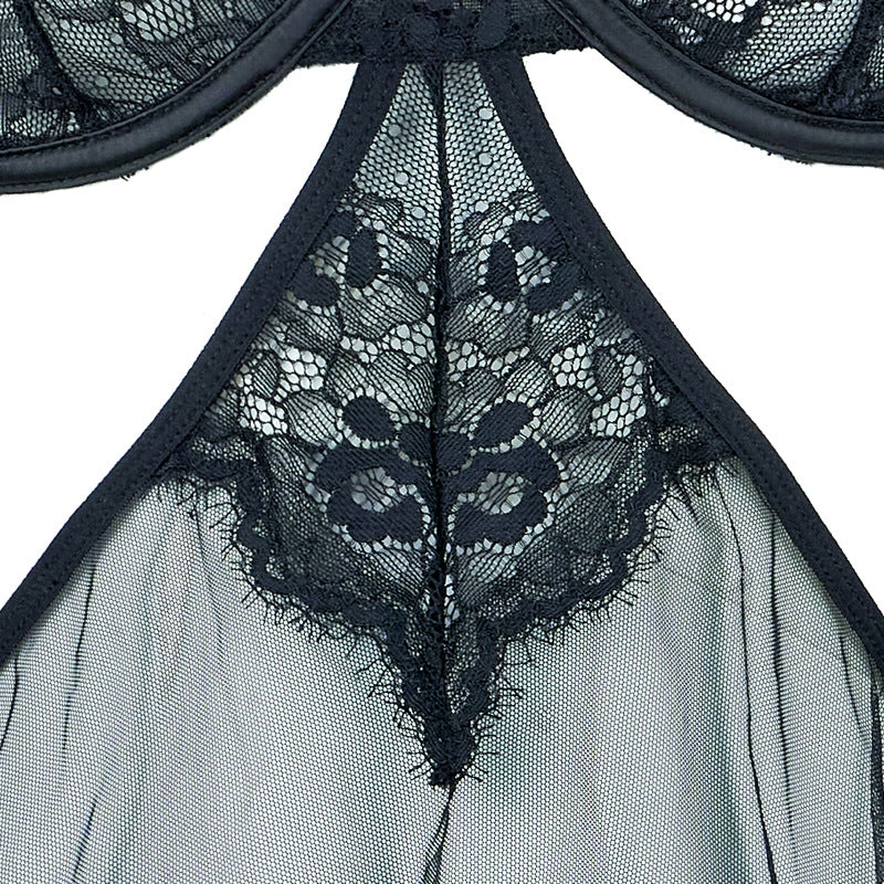 Freedombeauty | FQ2908 eyelash lace rim mesh suspender nightdress black sexy nightdress hollow low waist open crotch thong