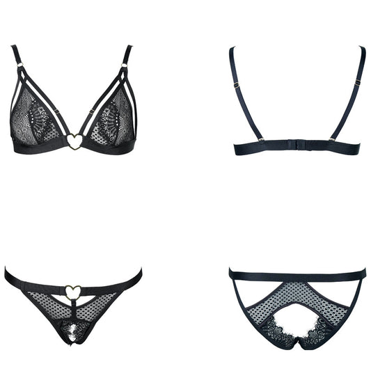 FREEDOMBEAUTY | FQ2831 French lace jacquard mesh heart buckle triangle cup sexy bra bralette with thong set