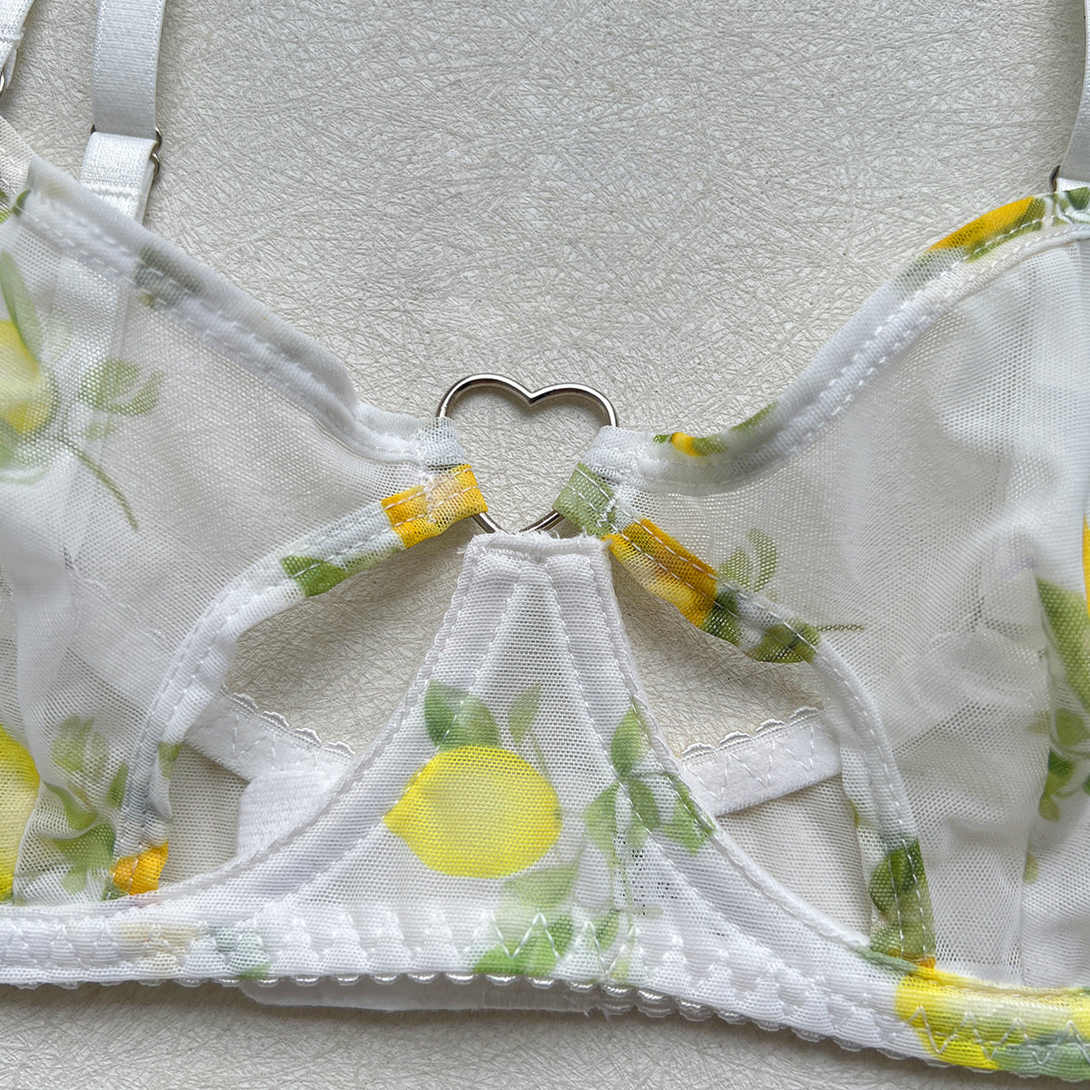 FREEDOMBEAUTY | lemon print mesh bra set, love button thong two-piece set
