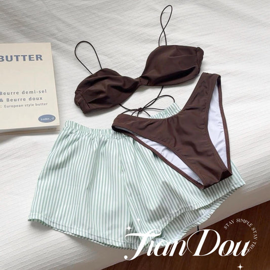 FREEDOMBEAUTY | [Mint Chocolate] Fresh Island Vacation Vitality Girl Lazy Temperament Swimsuit Bikini Three-piece Summer