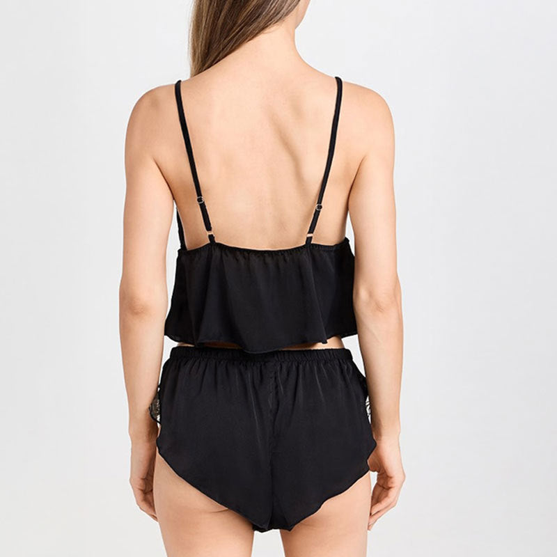FREEDOMBEAUTY | Women's Loungewear Sexy Triangle Cup Suspender Pajama 2-piece Set Satin Lace Shorts Pajama Set