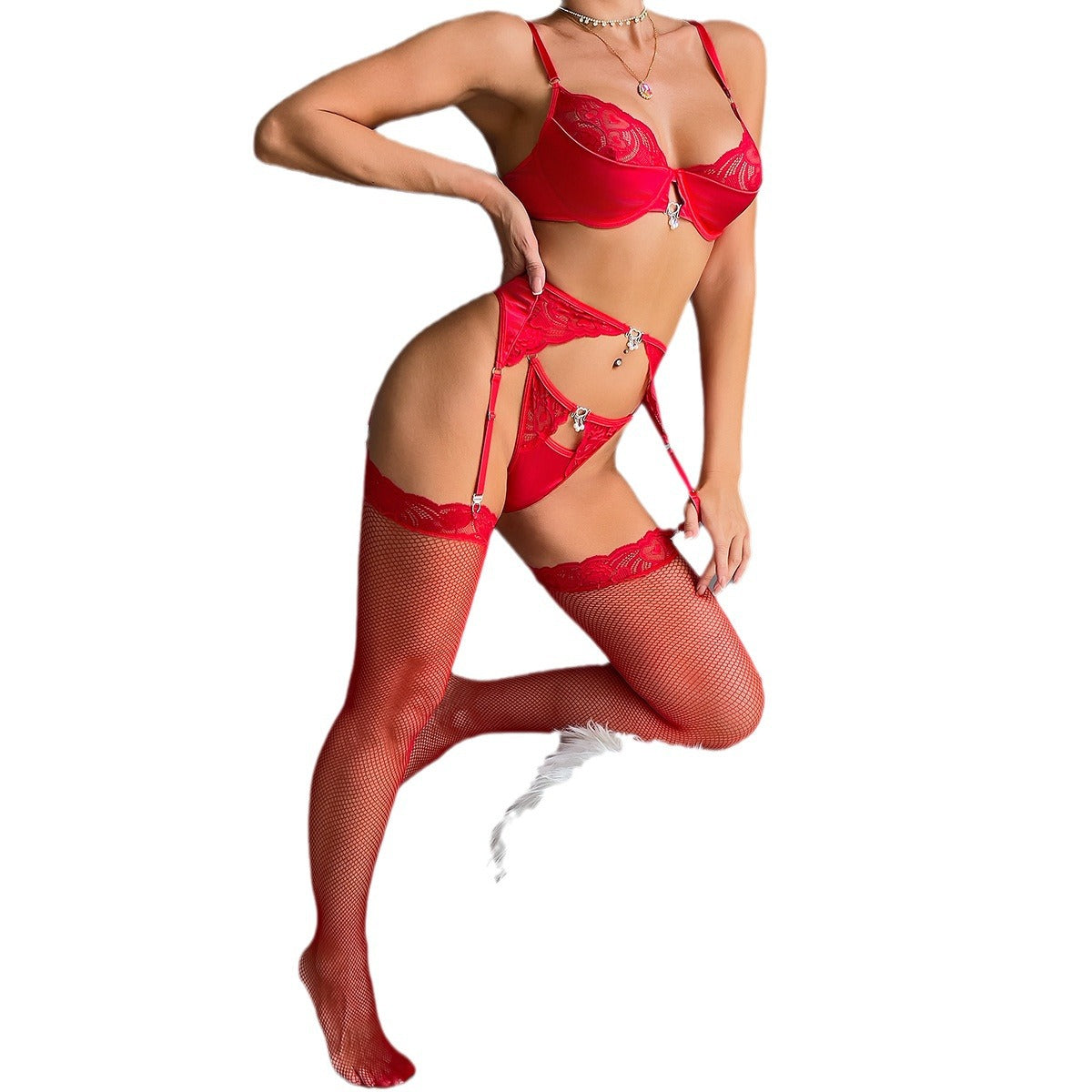FREEDOMBEAUTY | Christmas Valentine's Day Red New Year's Gift Lace Splicing Pendant Sexy Underwear Four-piece Set 3658