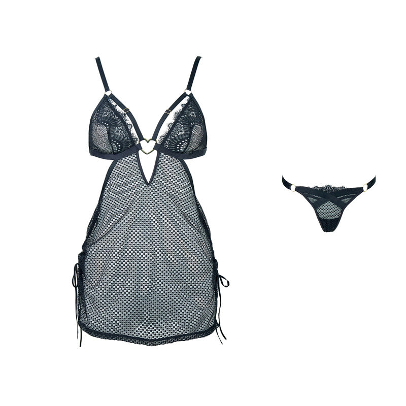 FREEDOMBEAUTY | FQ2832 Love buckle elastic mesh pull wrinkled eyelash lace see-through nightdress can be matched with open crotch pants T pants backless strap