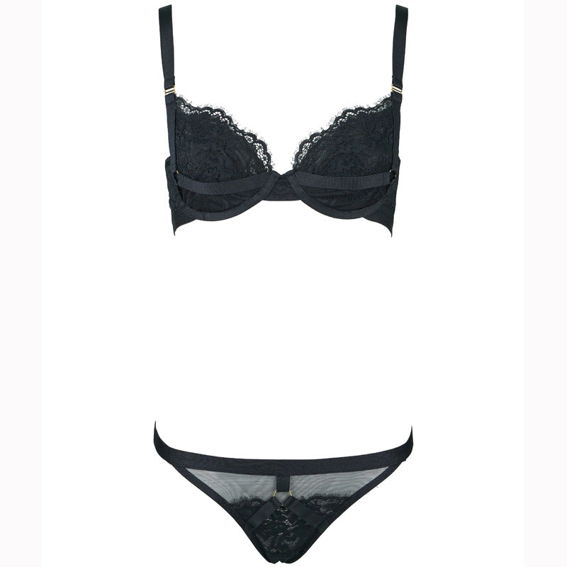 Freedombeauty | FQ2824 Lash Lace Elastic Memory Steel Rim Double Layer Micro-Collect Bra Set Garter Sparkle Mesh Black