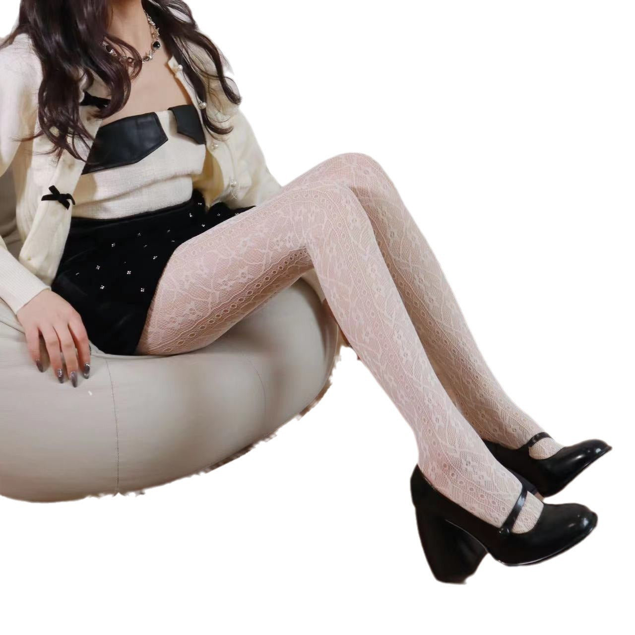 FREEDOMBEAUTY | 2024 spring and summer new French retro flower vine vertical pattern hollow niche color stockings mesh socks jacquard pantyhose women