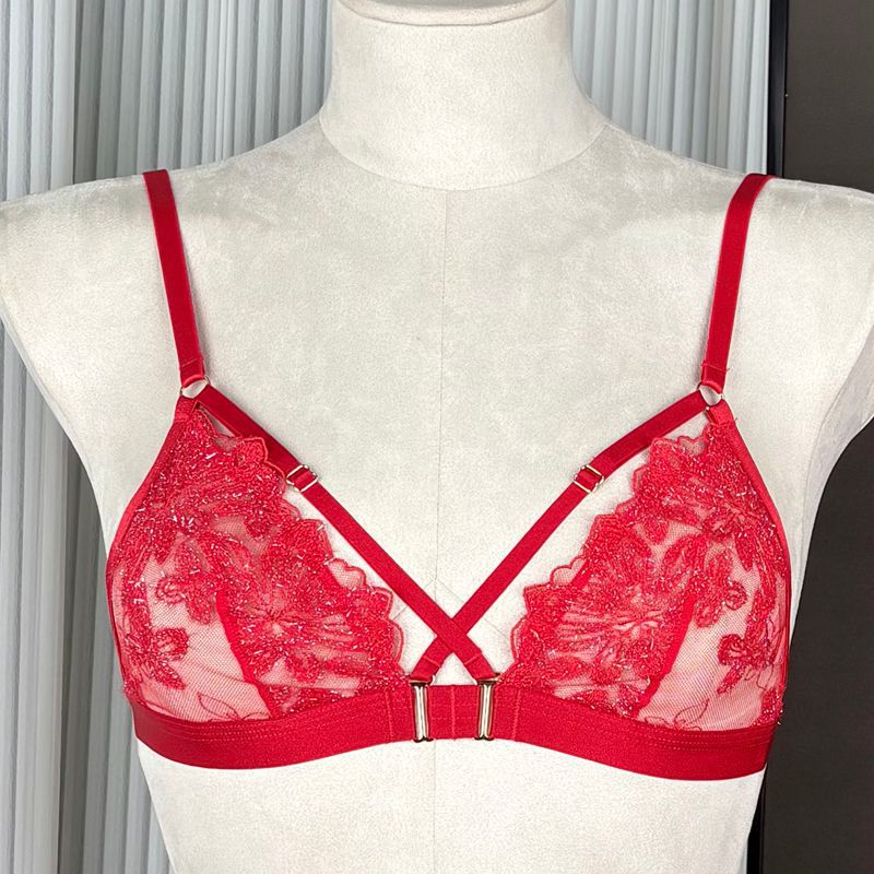 FREEDOMBEAUTY | FQ2886 silver embroidery velvet triangle cup sexy perspective bralette three-point European and American foreign trade cross-border black
