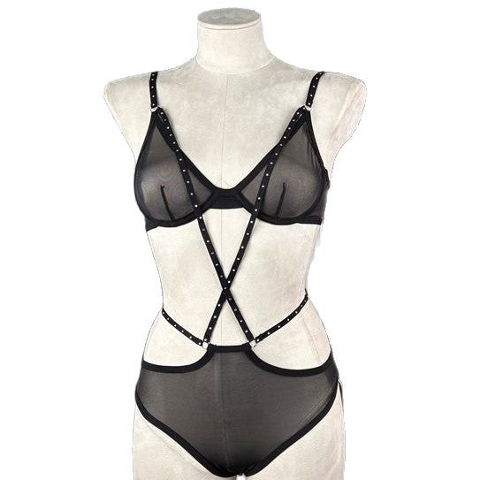 FREEDOMBEAUTY |FQ2702A hot diamond mesh steel tray women's French bra medium and high waist briefs black cross-border foreign trade one-piece