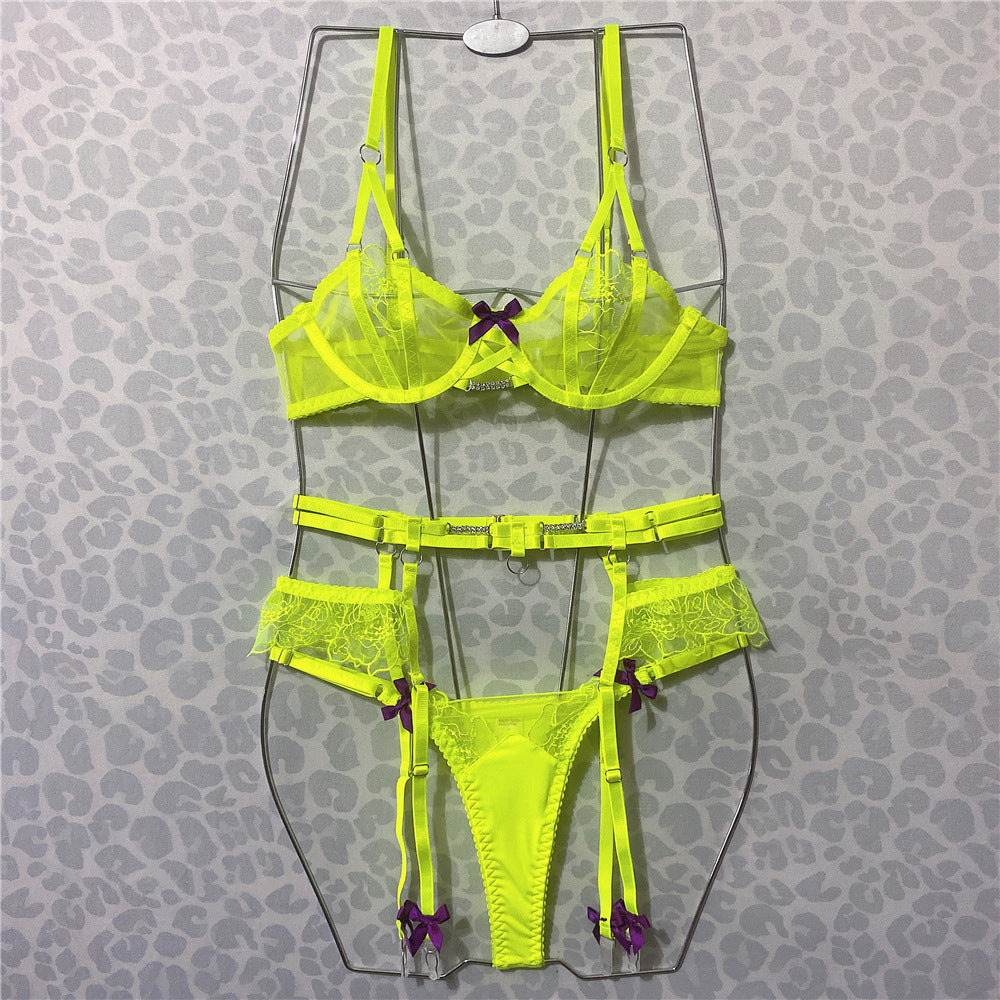 FREEDOMBEAUTY | New product embroidery fluorescent green perspective bra bow sexy underwear set explosion
