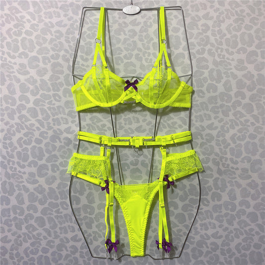 FREEDOMBEAUTY | New product embroidery fluorescent green perspective bra bow sexy underwear set explosion