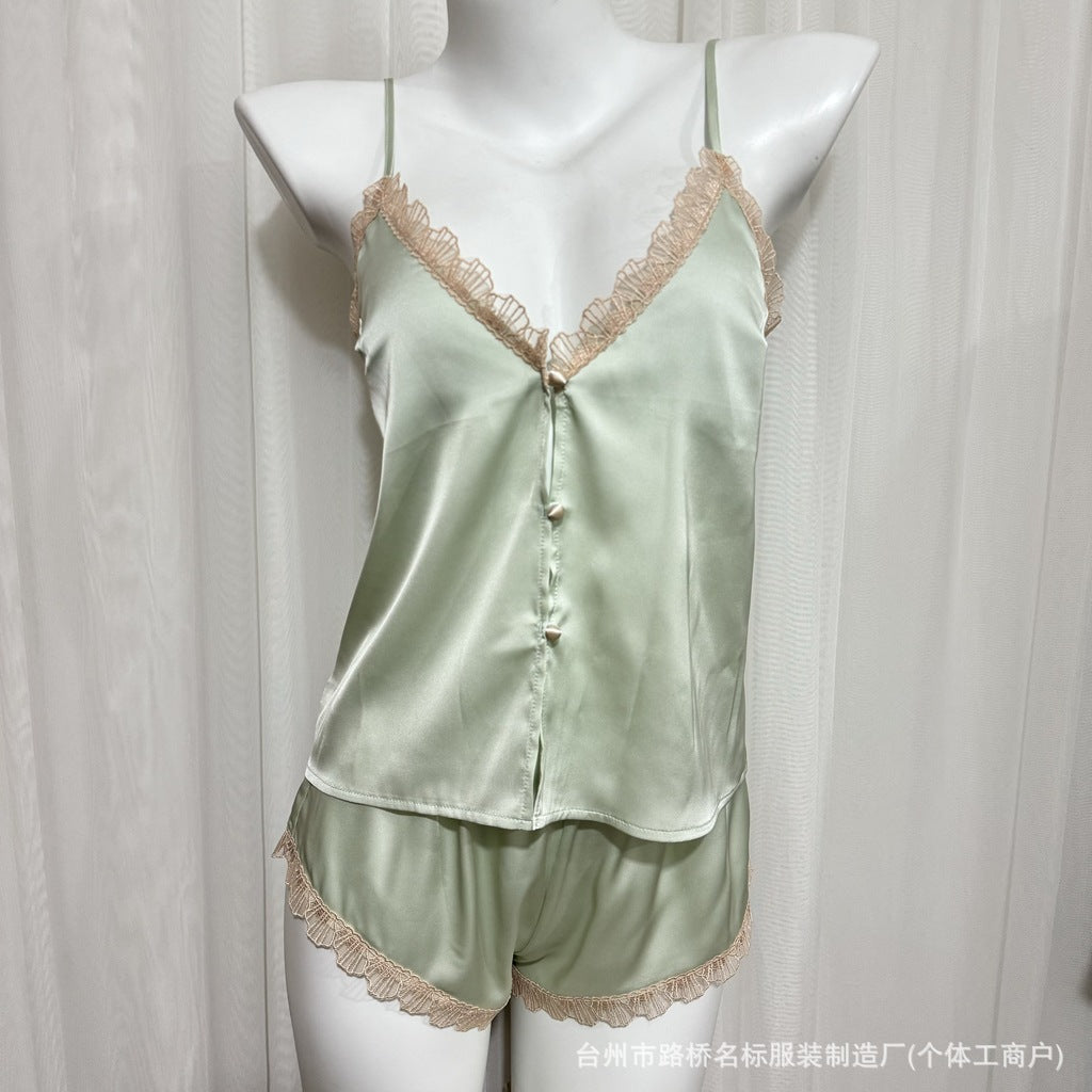 FREEDOMBEAUTY7087 Shell Embroidered Delicate Satin Sex Pajamas Pajamas Two-piece set, excluding removable chest pads