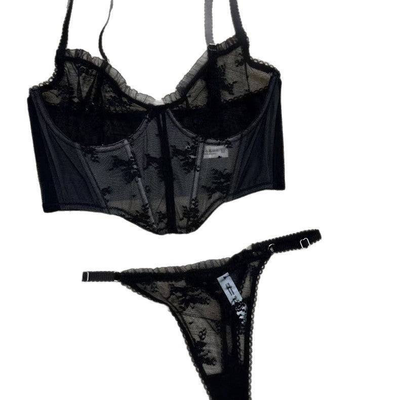 FREEDOMBEAUTY | Slim lace embroidered French underwear foreign trade sexy trousers fungus edge bra cross-border fishbone suit bra set