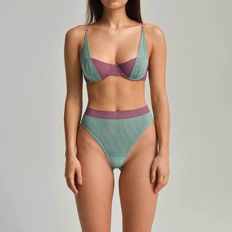 FREEDOMBEAUTY | Boutique comfortable and breathable gathering pure desire color matching sexy bra underwear 2-piece set, sexy underwear women's suit thin