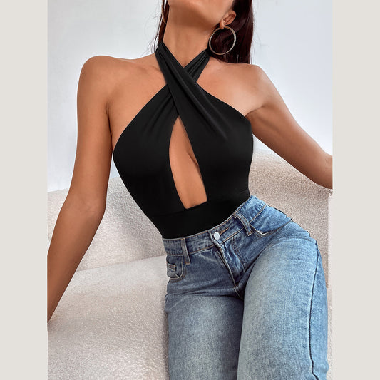 freedombeauty｜Hot-selling new solid color sexy backless cross hollow neck onesie outer wear