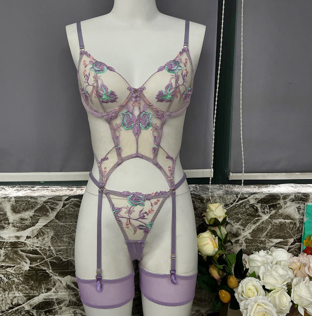 freedombeauty|Popular Sexy Temptation Mesh Heavy Industry Embroidery Mesh 3-piece Bra Set