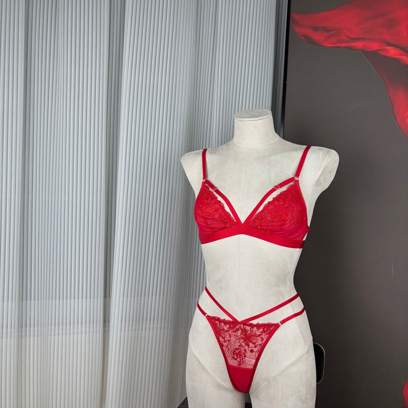 FREEDOMBEAUTY | FQ2872 Embroidery Triangle Cup Mesh Lined Neck Body Chain Low Waist T Pants Women's High Quality Underwear Cross-border Red