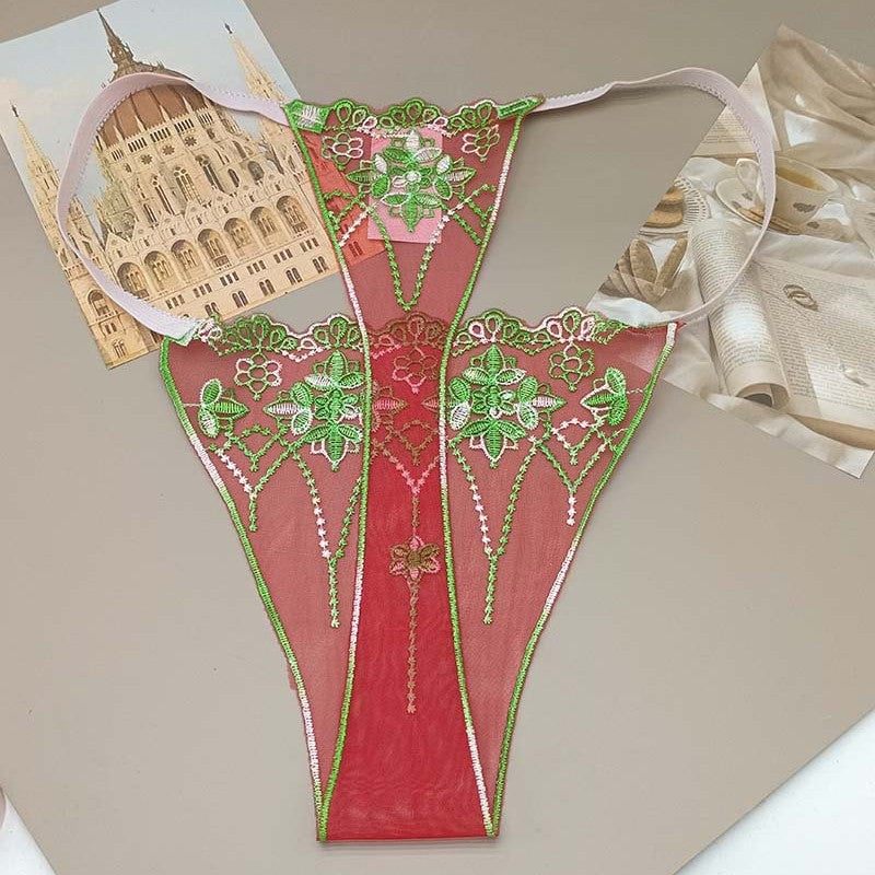 FREEDOMBEAUTY | Triple color green purple pink yellow transparent red mesh pattern embroidery sexy hollow women's sex thong cross-border