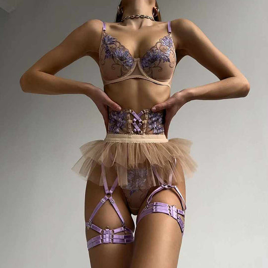 FREEDOMBEAUTY |Нижнее белье heavy industry embroidered lingerie women's fluffy small skirt three-piece set