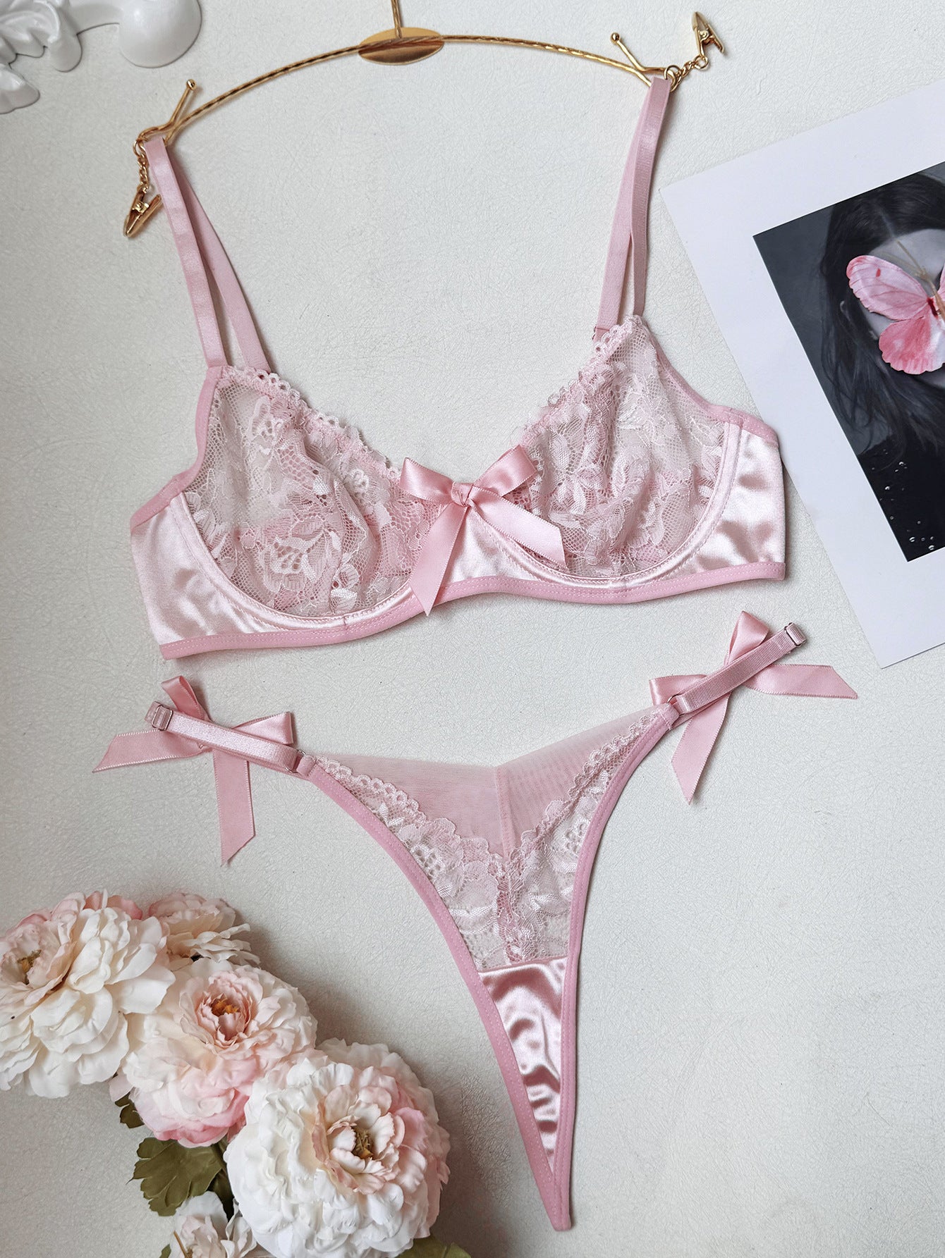 FREEDOMBEAUTY | Foreign trade explosion cute sweet underwear set flower lace bow embellished lace underwear thong everyday