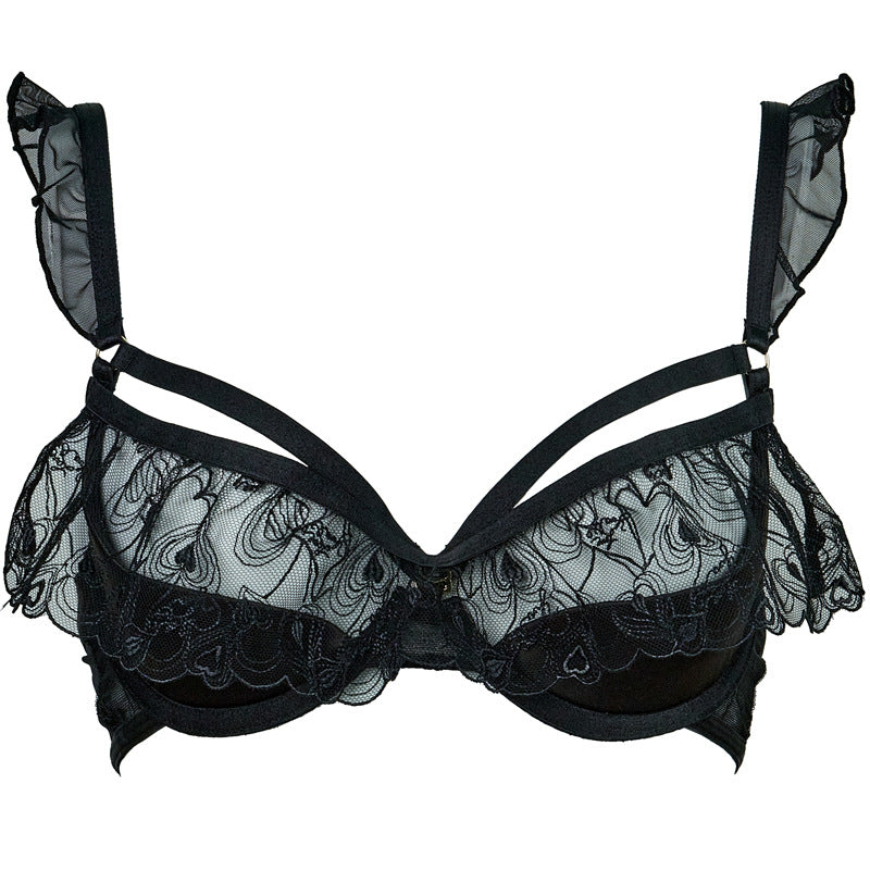 FREEDOMBEAUTY | FQ2863T221M212 Women's French Underwear 1/4 Cup Embroidered Lace Underwear Lift Up Breast Pure Black
