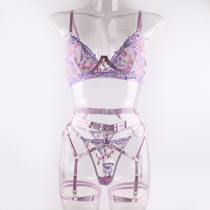 FREEDOMBEAUTY | European and American popular AliExpress Amazon cross-border new product embroidery bra set Perspective sexy underwear three-piece women's set
