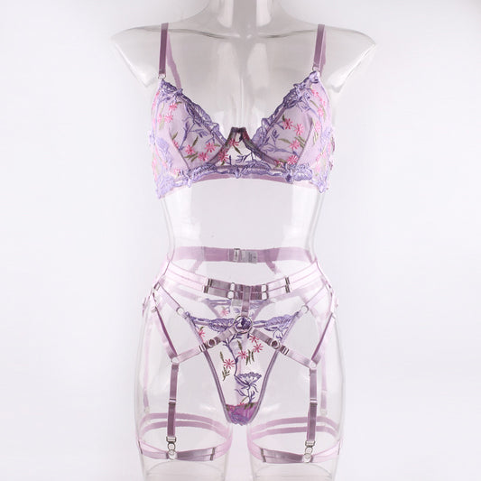 FREEDOMBEAUTY | European and American popular AliExpress Amazon cross-border new product embroidery bra set Perspective sexy underwear three-piece women's set