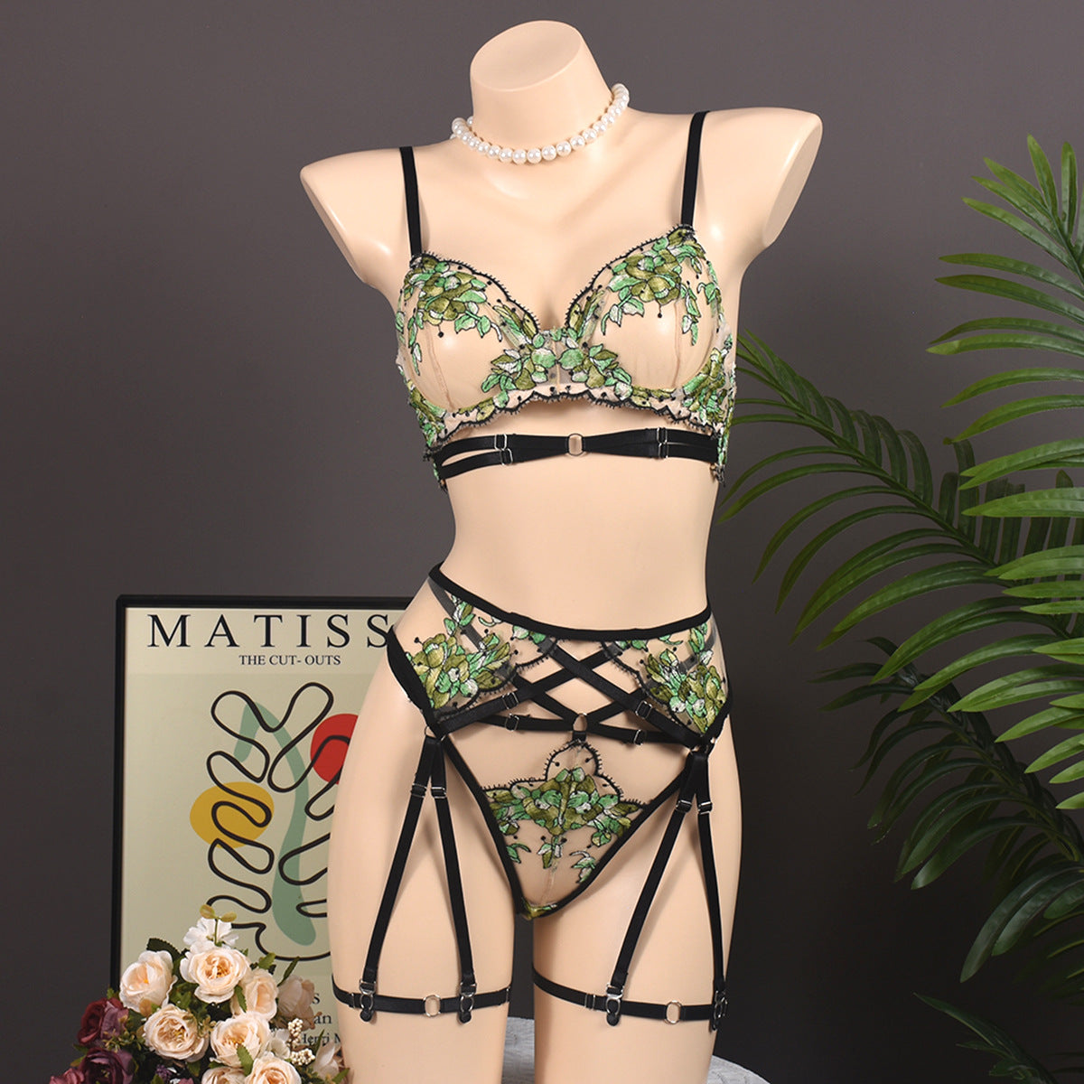 FREEDOMEBEAUTY | Sexy bra underwear set garter belt beautifully embroidered webbing cross hollow sexy set