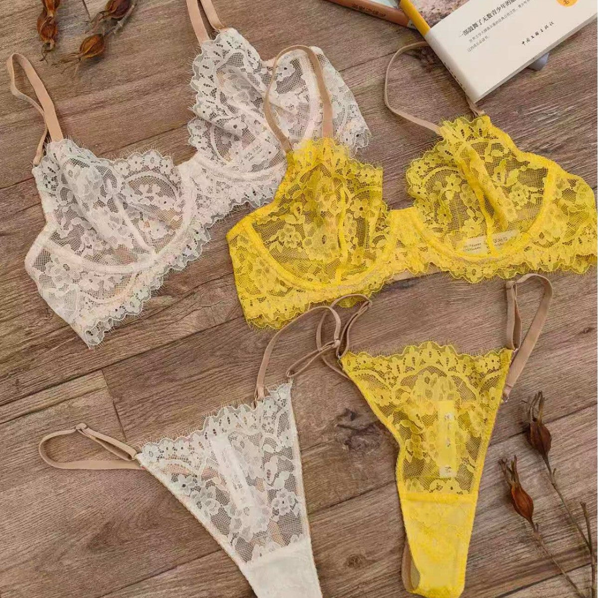 FREEDOMBEAUTY | French lace underwear sponge-free sexy bra foreign trade big breasts small gathering bra set Lingerie